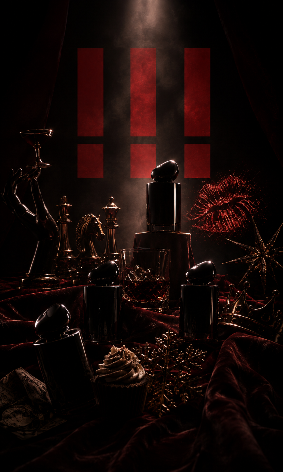 The Rizz Club perfume bottles on a dark, dramatic table setting — premium Extrait de Parfum for mobile